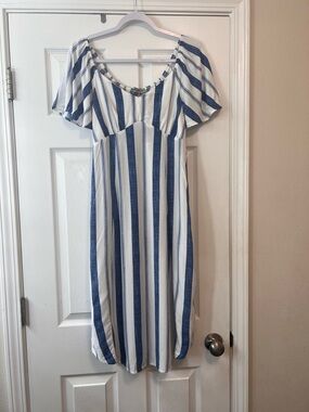 Absolutely Famous Blue White Stripe Midi Dress Empire Waist Cottagecore S girly